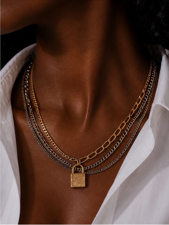 Jewelry - Trending! Gold Mixed Metal Lock Necklace Stack Set NWOT (4002)